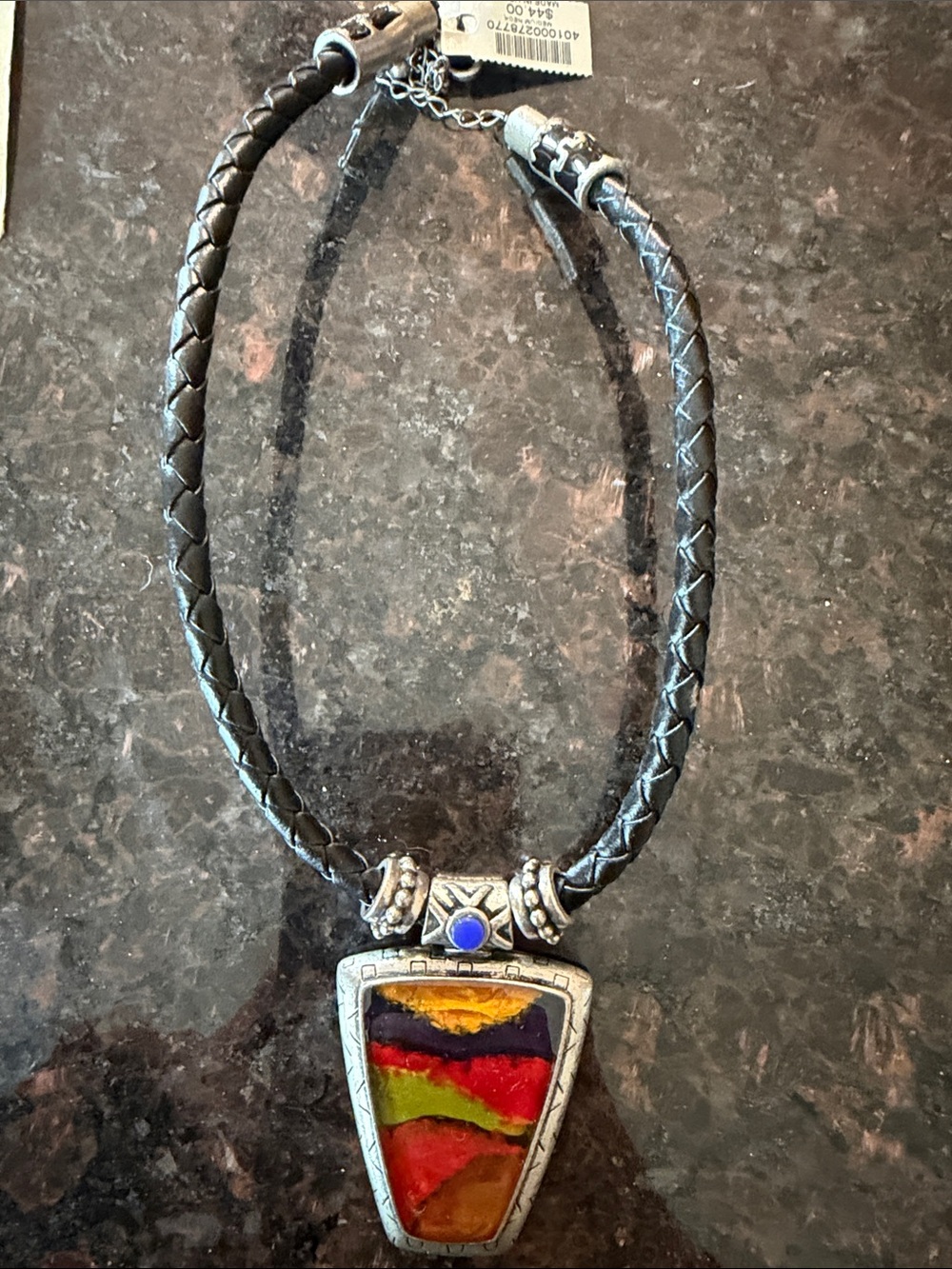Chico's Y2K Multicolor Stone Pendant Necklace with Black Braided Cord